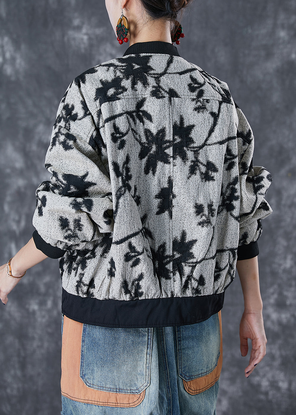 French Black Tasseled Print Cotton Jackets Fall