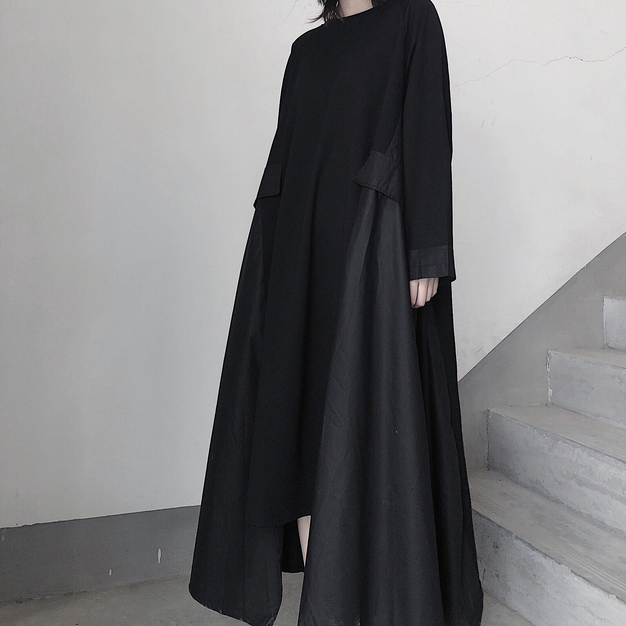 French Black Tunics O Neck Asymmetric A Line Spring Dress - Omychic