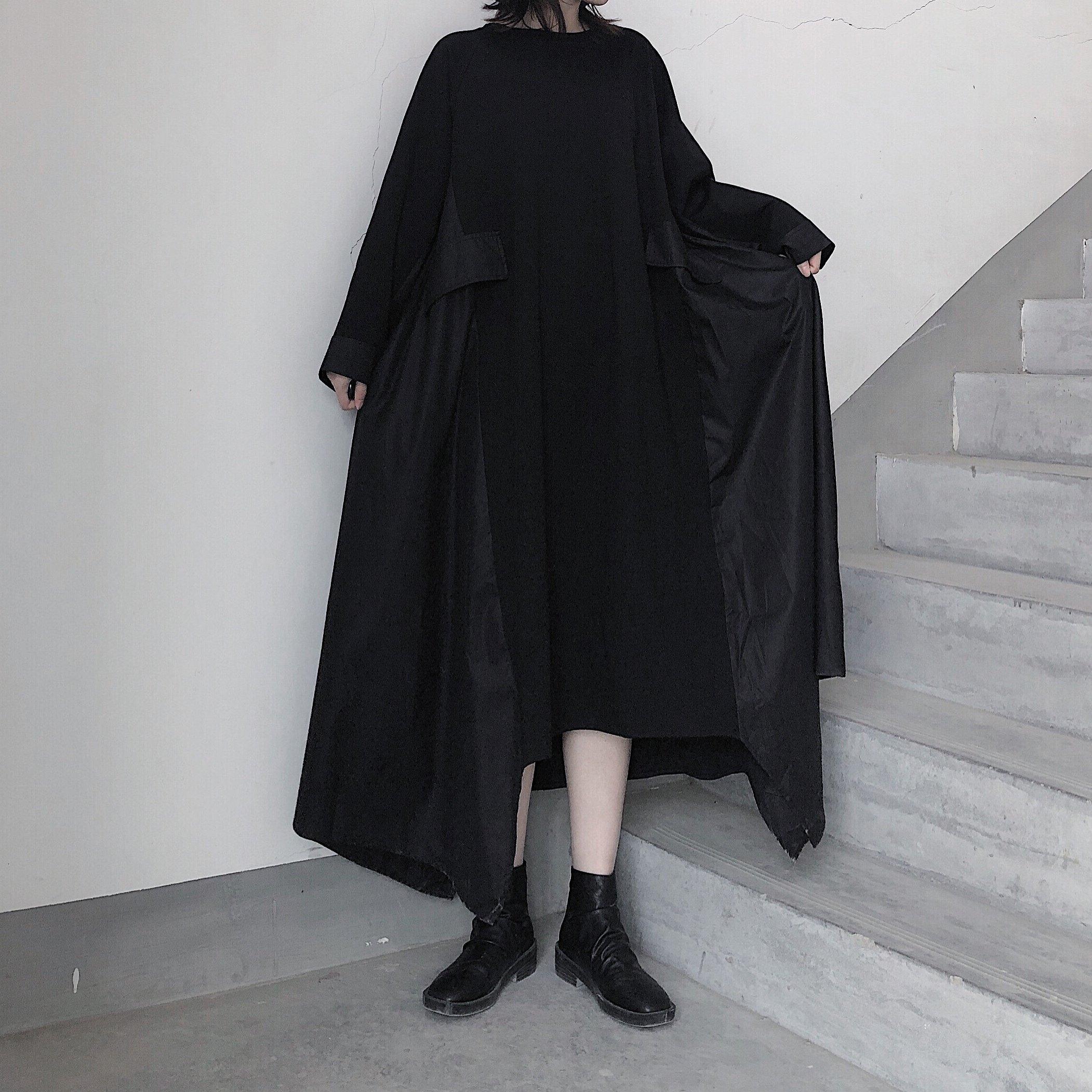 French Black Tunics O Neck Asymmetric A Line Spring Dress - Omychic