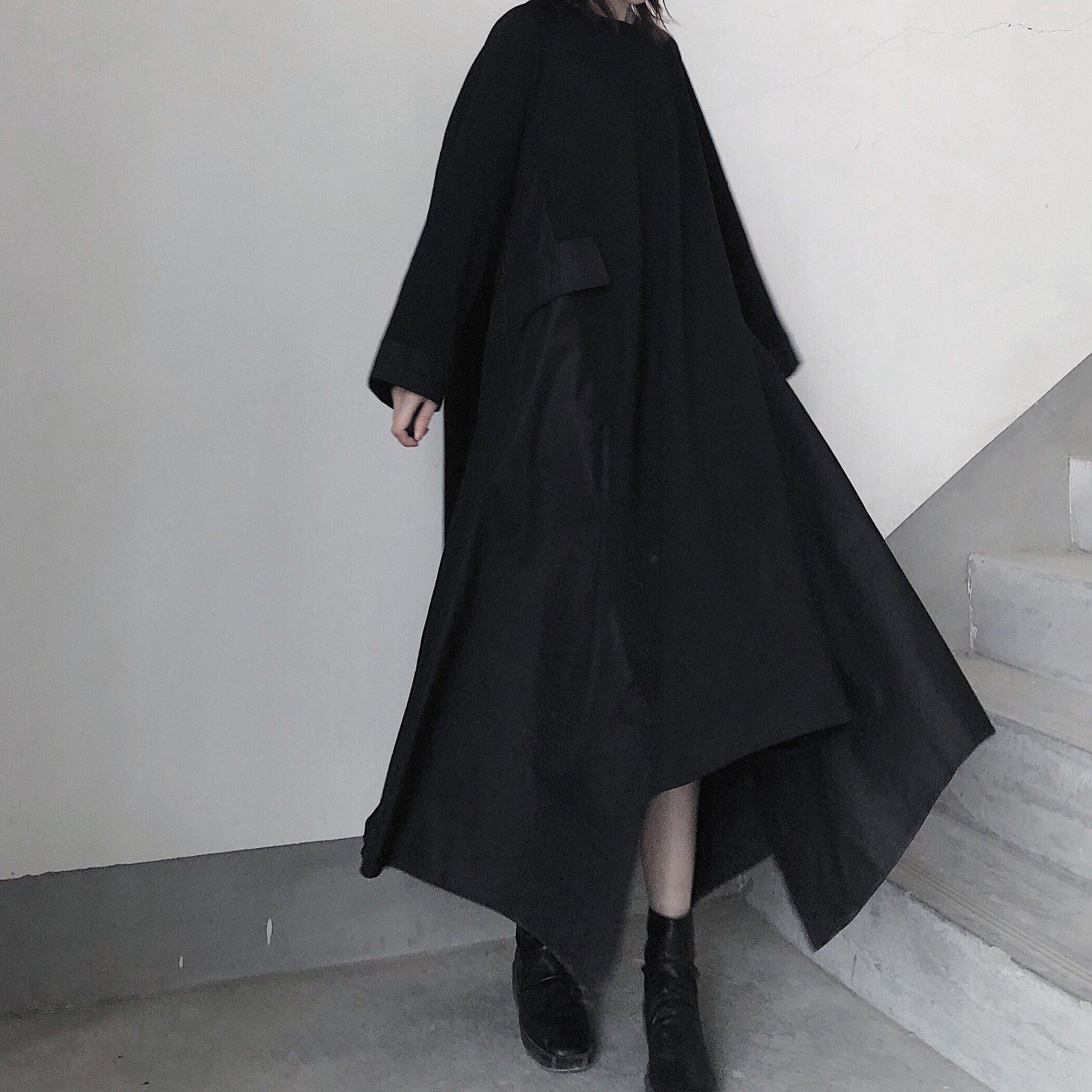 French Black Tunics O Neck Asymmetric A Line Spring Dress - Omychic