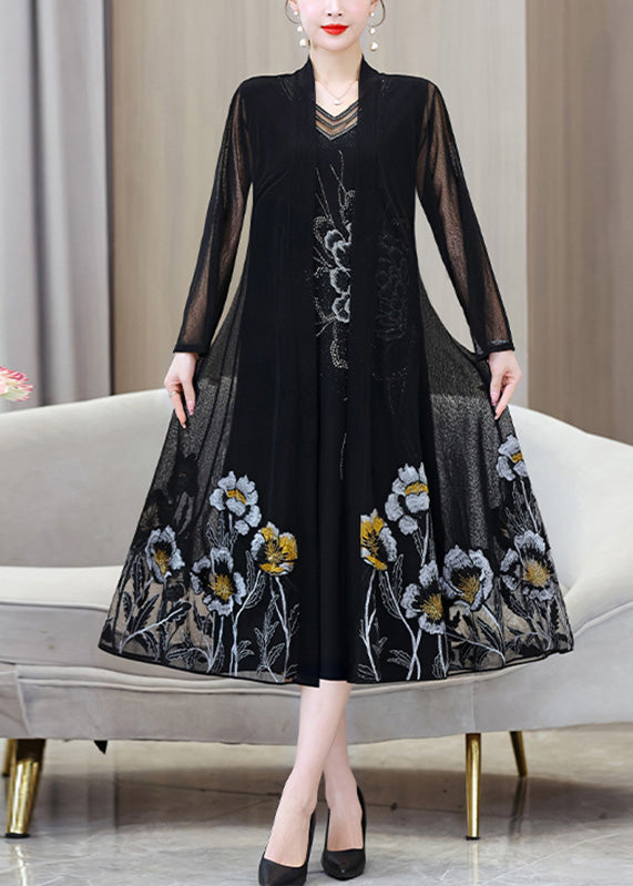 French Black V Neck Embroideried Floral Ice Silk Long Sunscreen Cardigans Summer