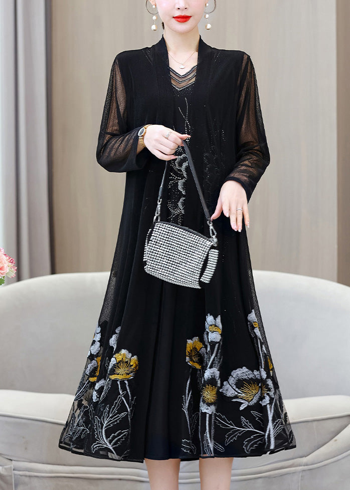 French Black V Neck Embroideried Floral Ice Silk Long Sunscreen Cardigans Summer