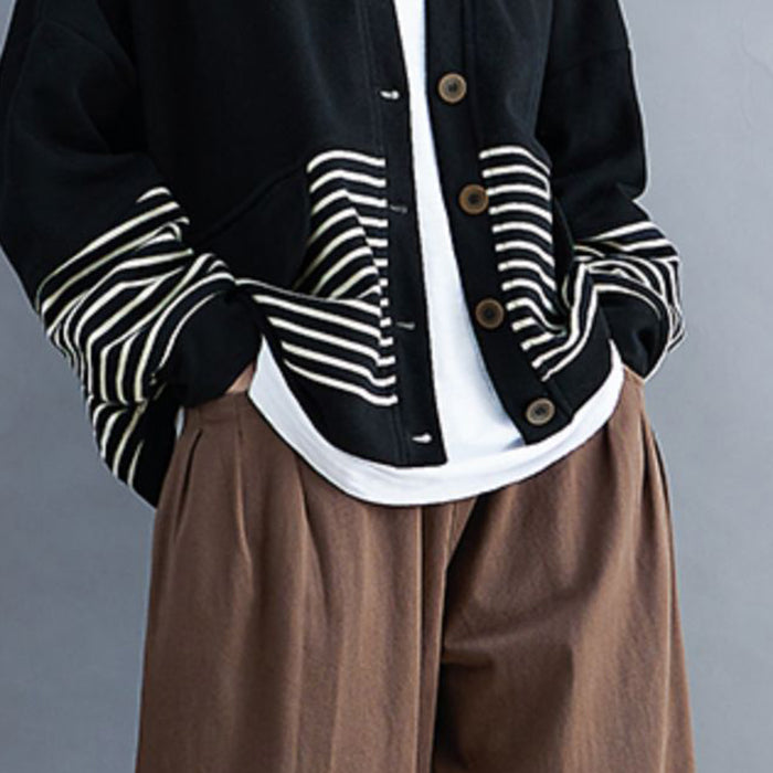 French Black V Neck Pockets Striped Patchwork Coats Long Sleeve