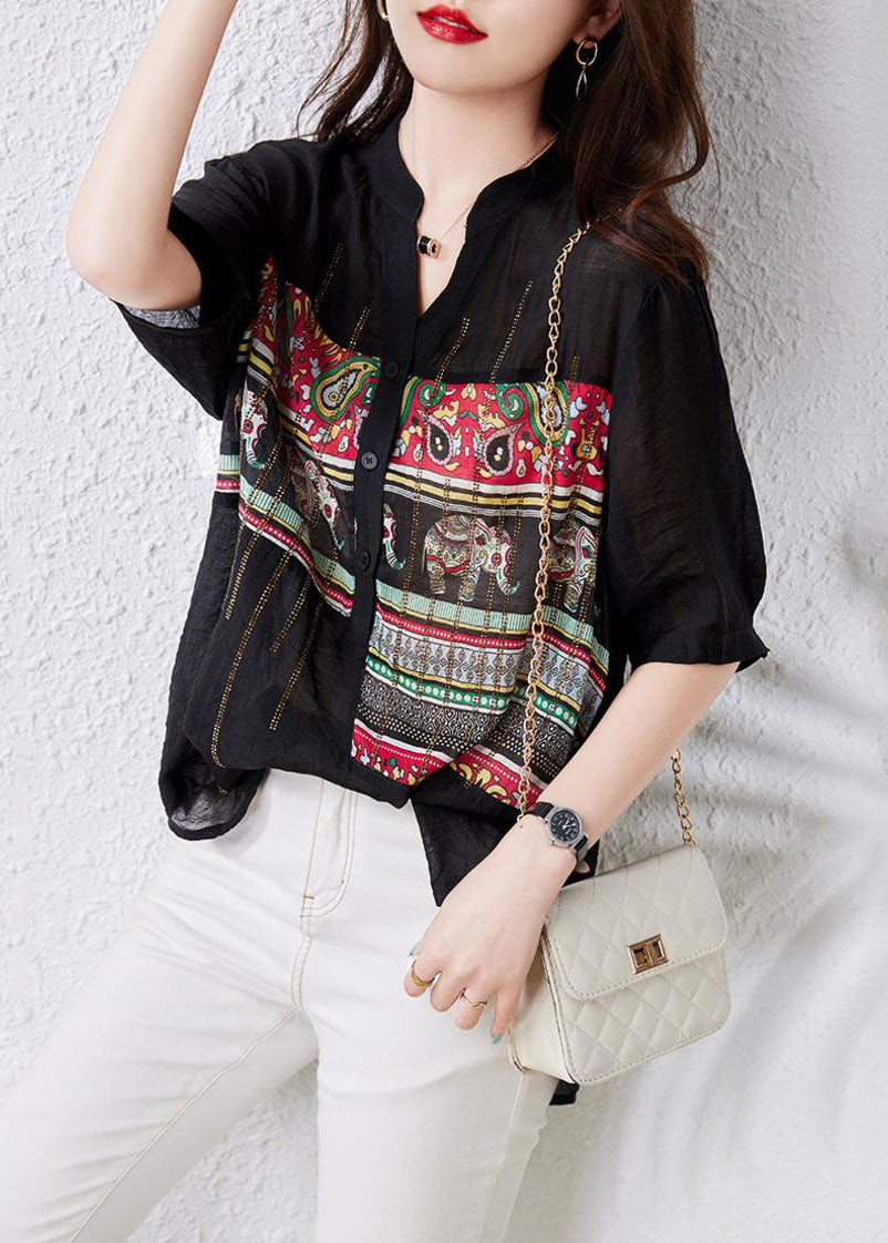 French Black V Neck Print Button Patchwork Cotton Tops Summer