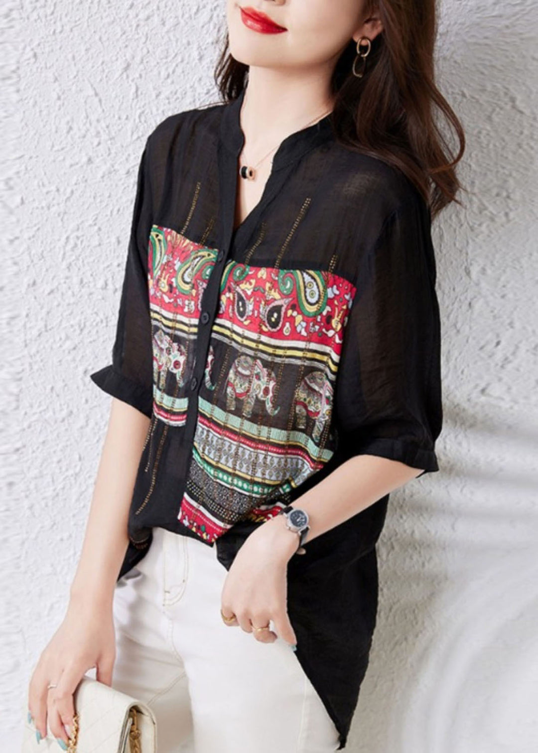 French Black V Neck Print Button Patchwork Cotton Tops Summer