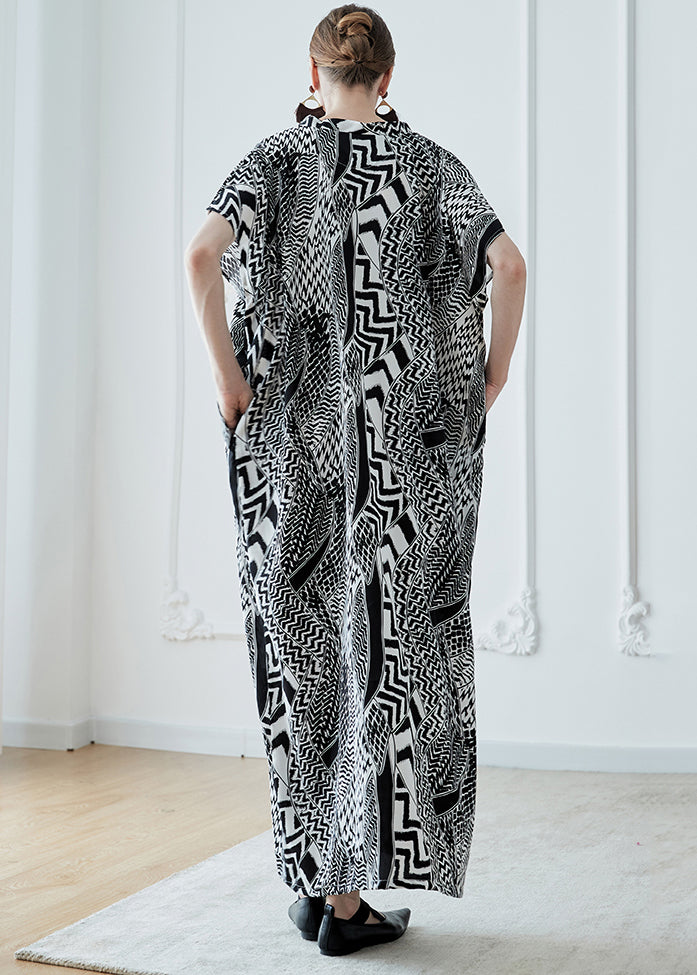 French Black V Neck Print Pockets Chiffon Robe Dresses Summer