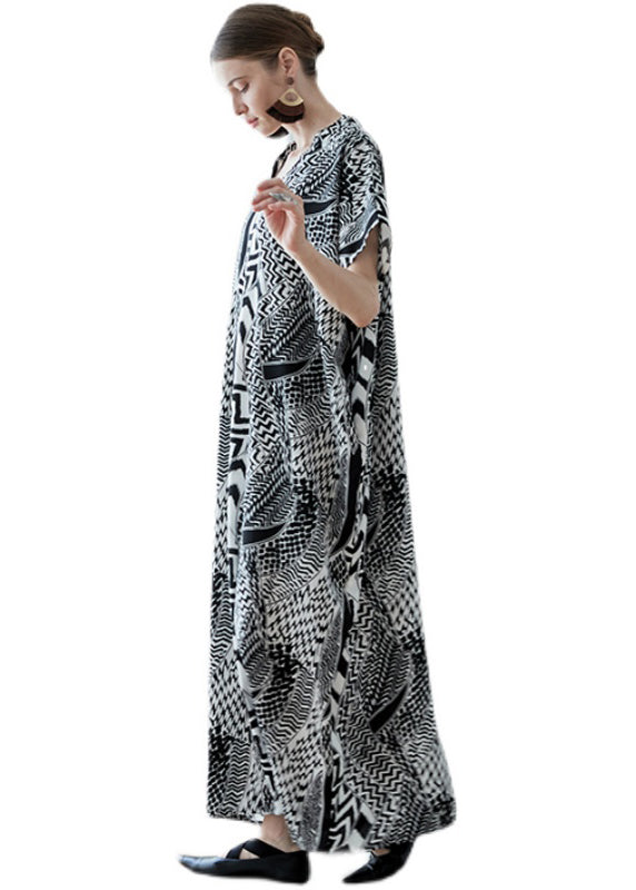 French Black V Neck Print Pockets Chiffon Robe Dresses Summer