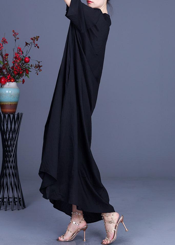 French Black V Neck asymmetrical design Dresses Summer - Omychic