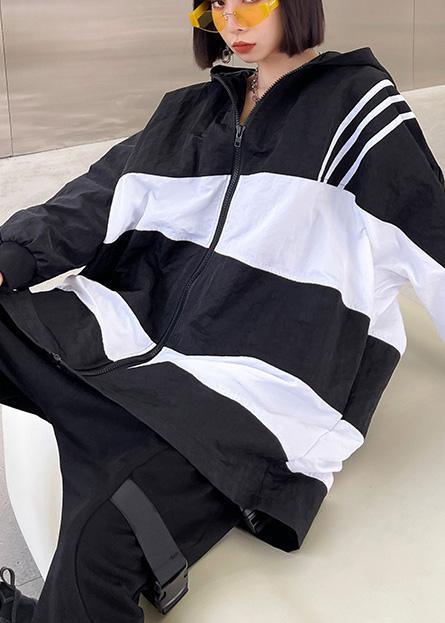 French Black White Cotton Cinched zippered Hoodies Outwear Spring - Omychic
