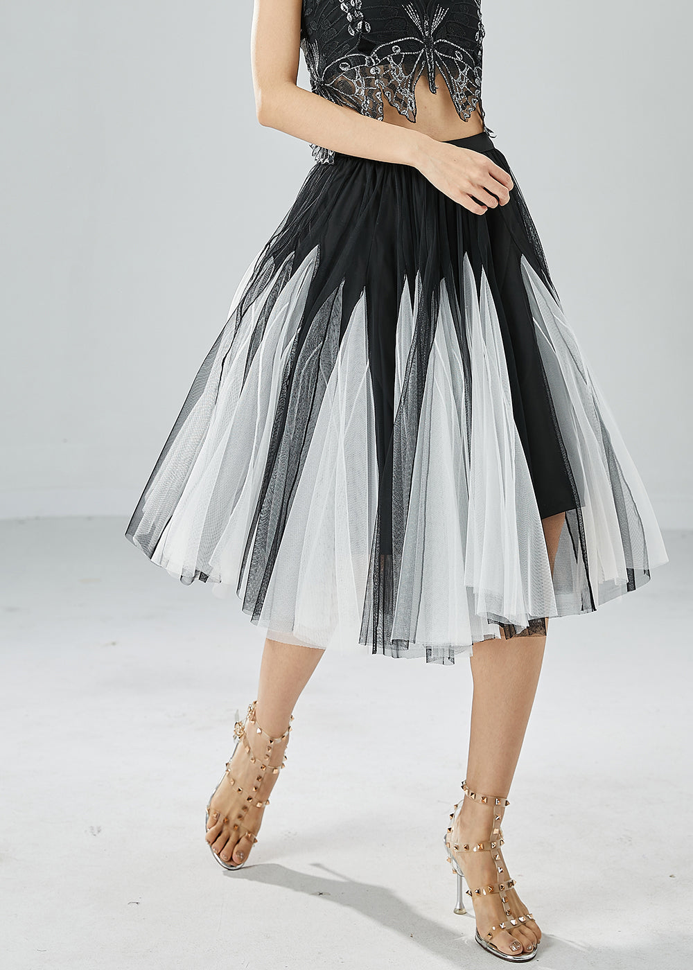 French Black White Patchwork Exra Large Hem Tulle Pleated Skirts Summer
