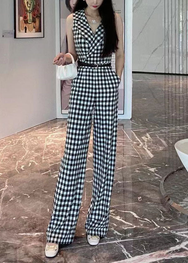 French Black White Plaid Cotton Jumpsuit Wide Leg Pants Sleeveless