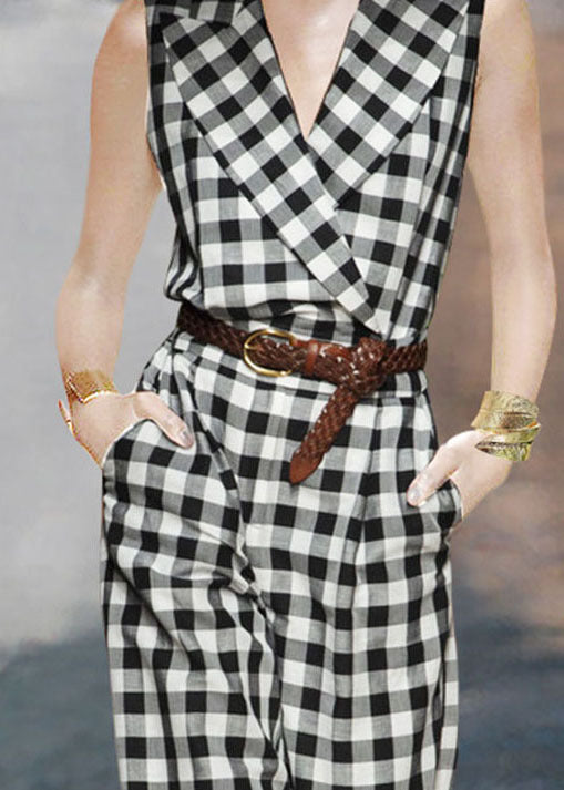 French Black White Plaid Cotton Jumpsuit Wide Leg Pants Sleeveless