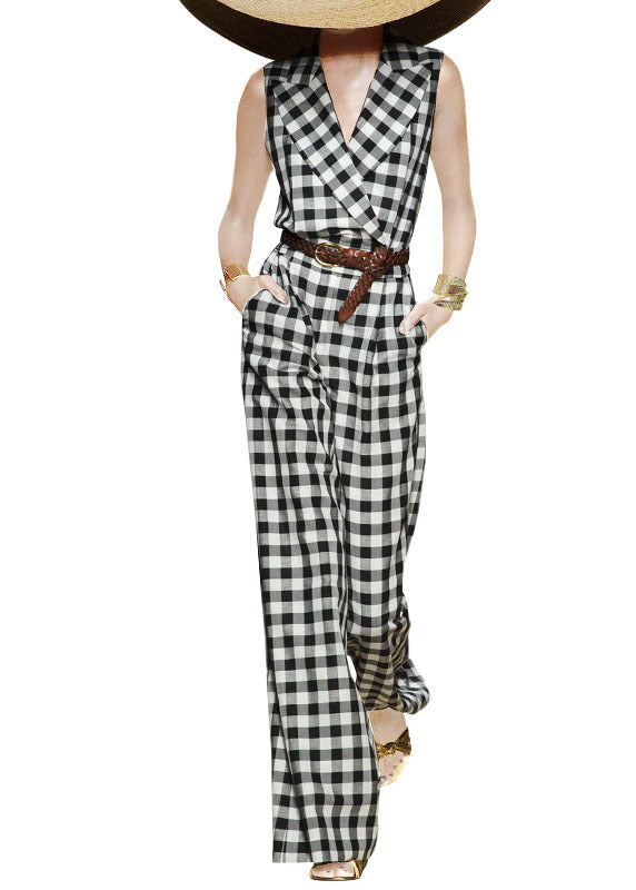 French Black White Plaid Cotton Jumpsuit Wide Leg Pants Sleeveless