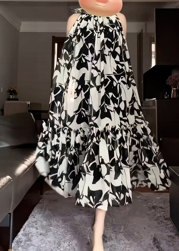 French Black White Turtleneck Print Tie Waist Vacation Long Dresses Sleeveless