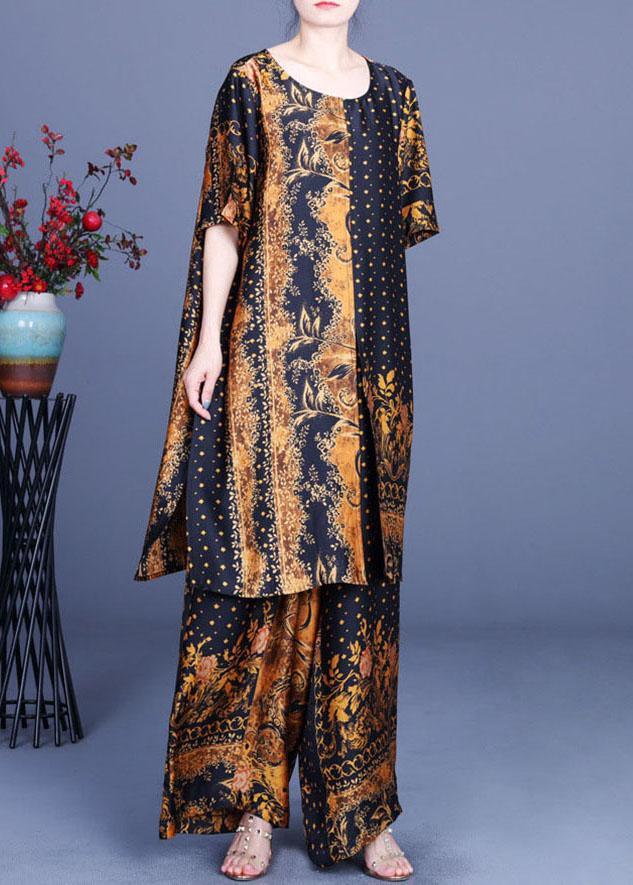 French Black Yellow Print Silk Wide Leg Two Pieces Set - Omychic