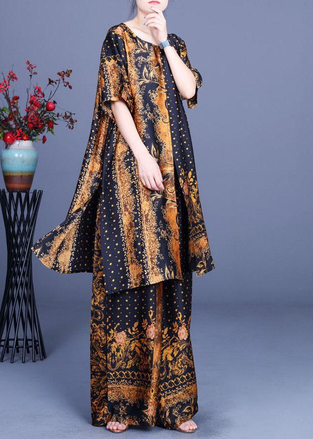 French Black Yellow Print Silk Wide Leg Two Pieces Set - Omychic