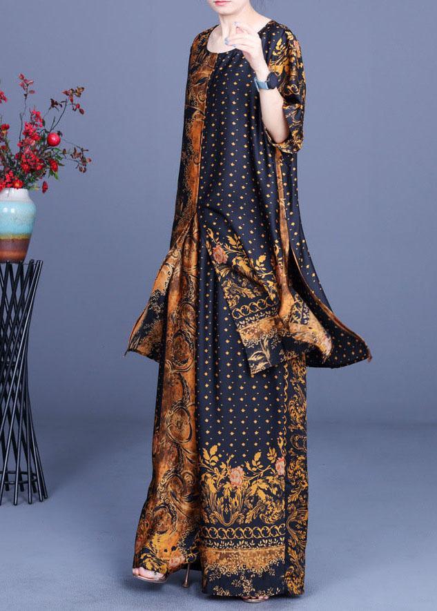 French Black Yellow Print Silk Wide Leg Two Pieces Set - Omychic