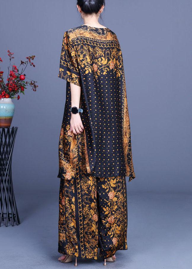 French Black Yellow Print Silk Wide Leg Two Pieces Set - Omychic
