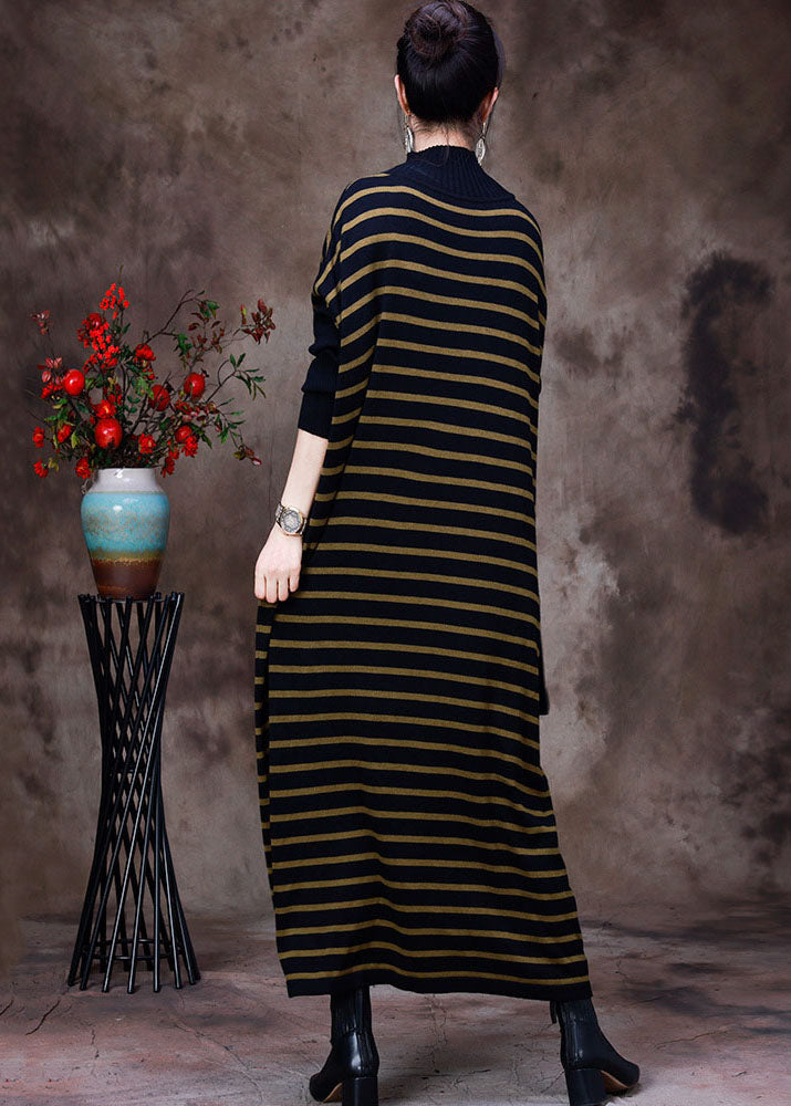 French Black Yellow Striped Turtle Neck Knit Long Dress Batwing Sleeve