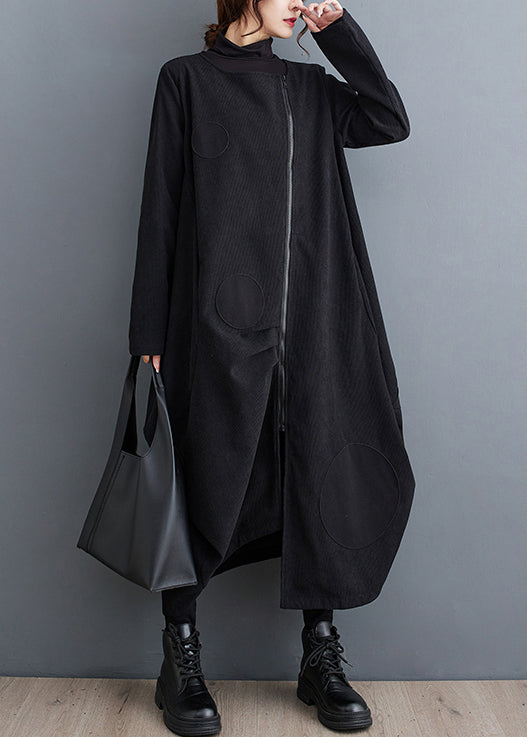 French Black Zip Up Pockets Patchwork Cotton Long Coats Fall
