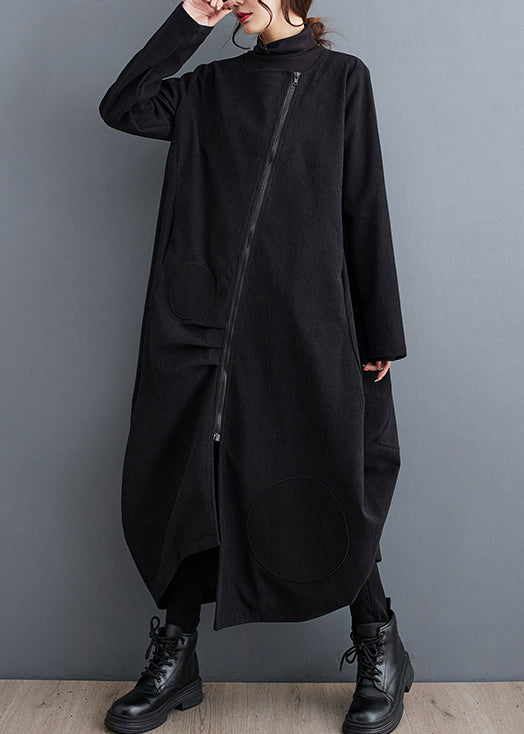 French Black Zip Up Pockets Patchwork Cotton Long Coats Fall