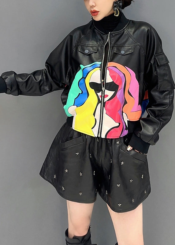 French Black Zip Up Print Patchwork Faux Leather Coats Long Sleeve