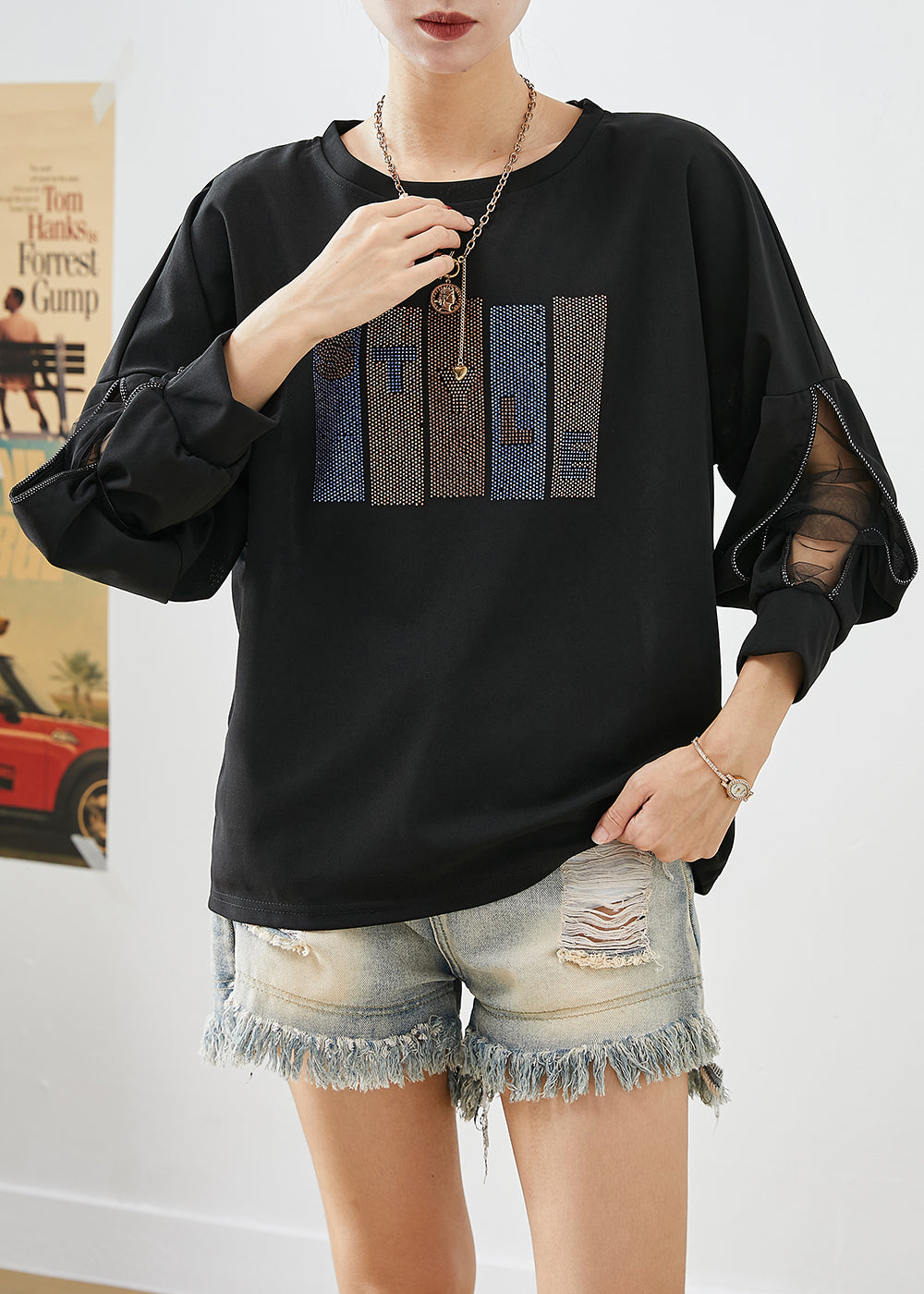 French Black Zircon Patchwork Cotton Sweatshirt Tops Fall