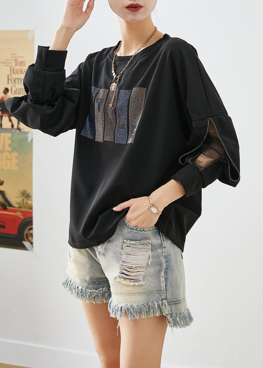 French Black Zircon Patchwork Cotton Sweatshirt Tops Fall