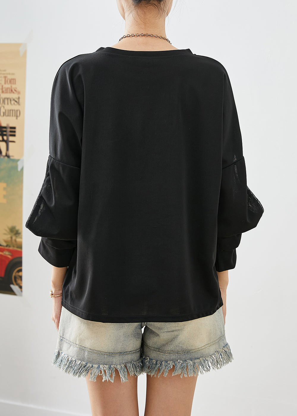 French Black Zircon Patchwork Cotton Sweatshirt Tops Fall