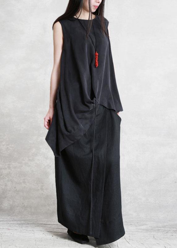 French Black asymmetrical design Linen Summer Mid Dress - Omychic