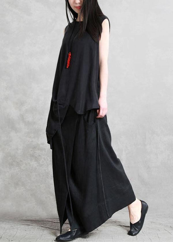 French Black asymmetrical design Linen Summer Mid Dress - Omychic