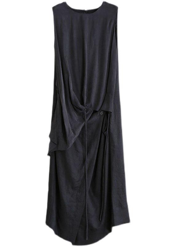 French Black asymmetrical design Linen Summer Mid Dress - Omychic