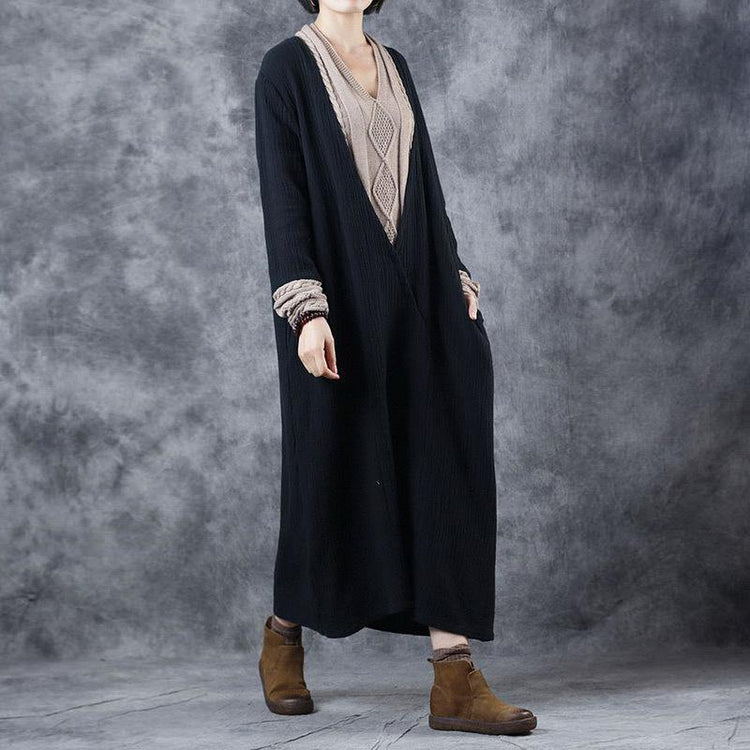 French Black Apricot V Neck Patchwork Pockets Fall Knit Long Sleeve Maxi Dress - Omychic