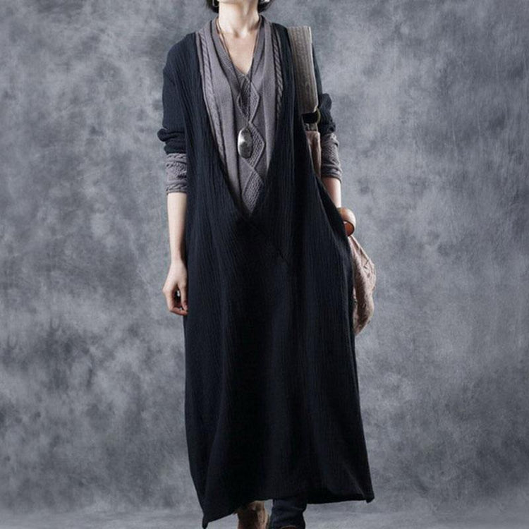 French Black Apricot V Neck Patchwork Pockets Fall Knit Long Sleeve Maxi Dress - Omychic