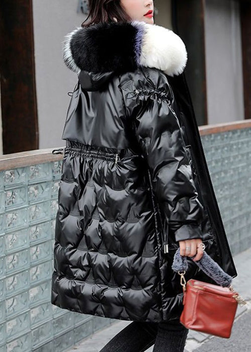 French Blackish Green Fur Collar Drawstring Duck Down Coat Winter
