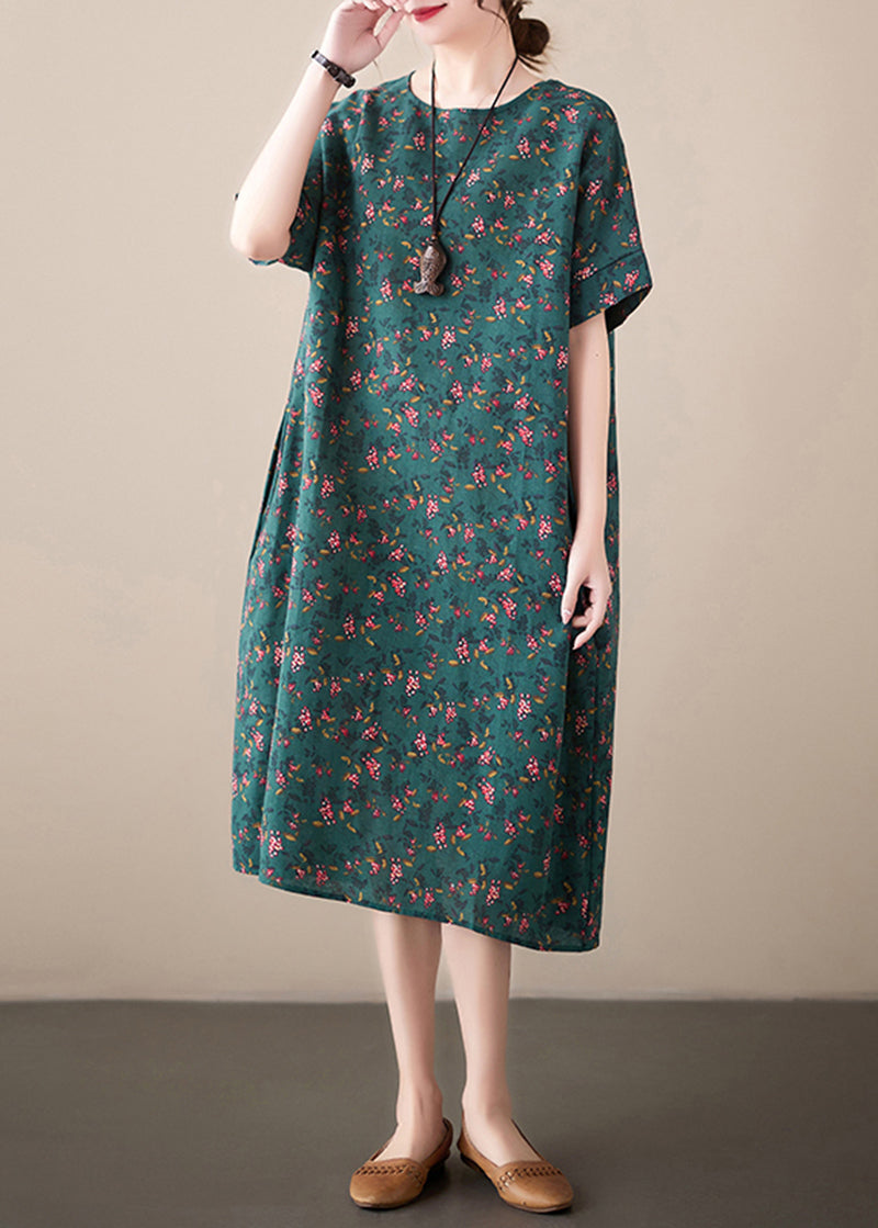 French Blackish Green O-Neck Print Linen Dress