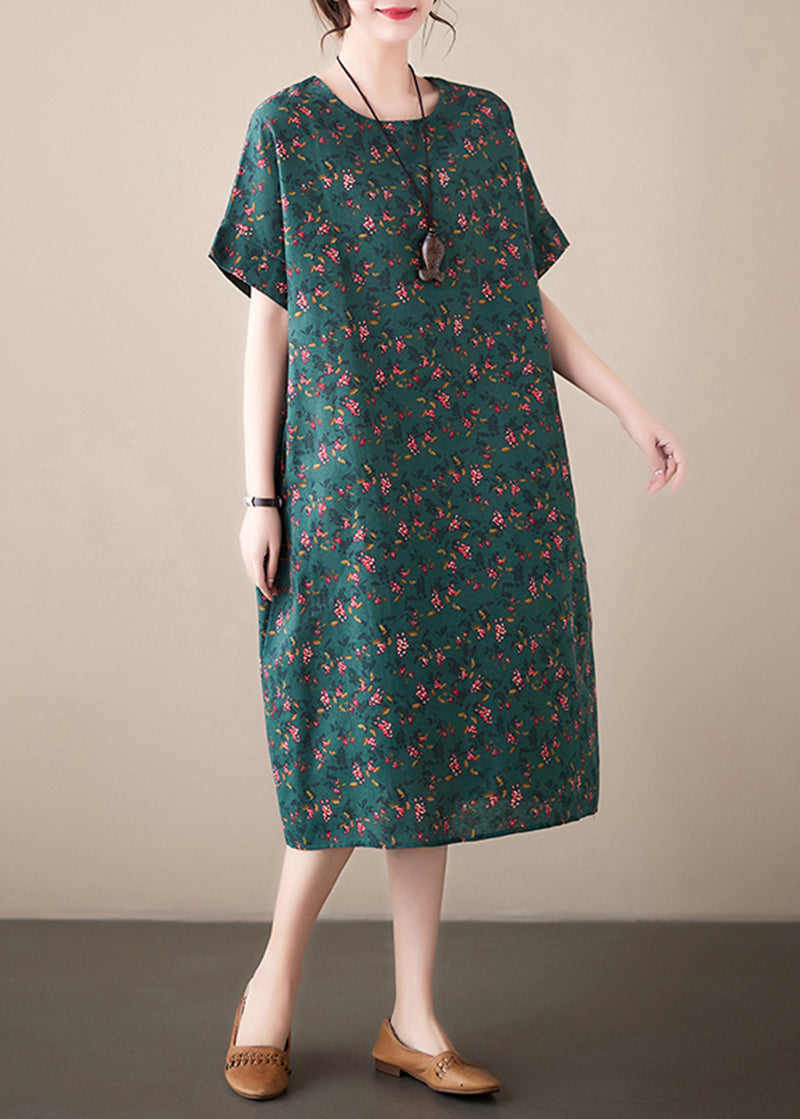 French Blackish Green O-Neck Print Linen Dress