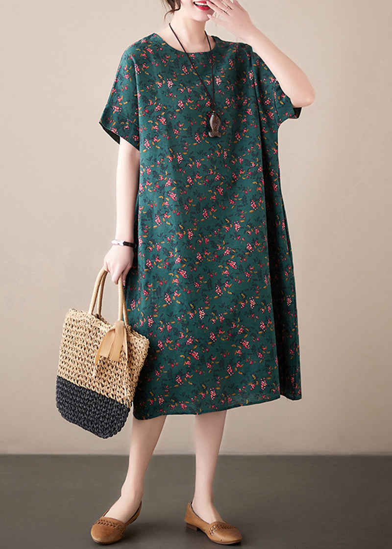 French Blackish Green O-Neck Print Linen Dress