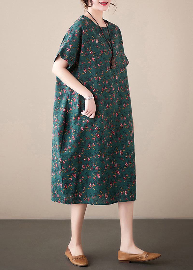 French Blackish Green O-Neck Print Linen Dress