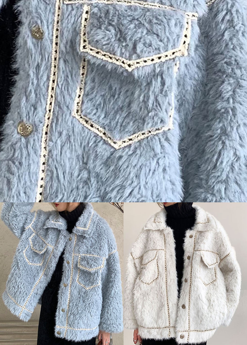 French Blue Button Faux Fur Winter Casual Coat