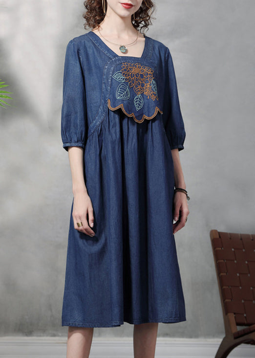French Blue Cinched Square Collar Embroideried Cotton Denim Dresses Half Sleeve