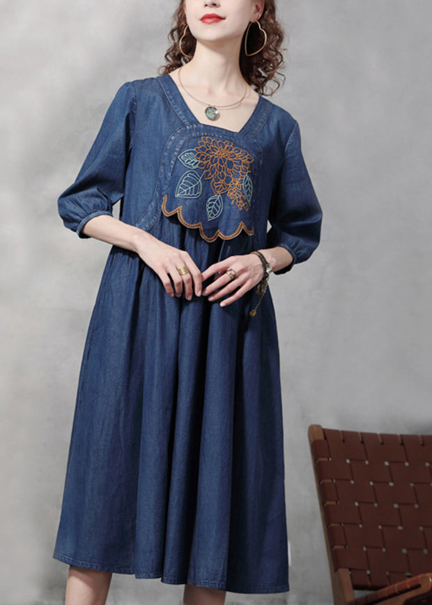 French Blue Cinched Square Collar Embroideried Cotton Denim Dresses Half Sleeve