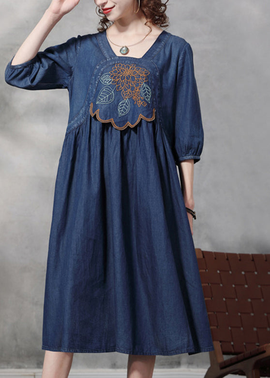 French Blue Cinched Square Collar Embroideried Cotton Denim Dresses Half Sleeve