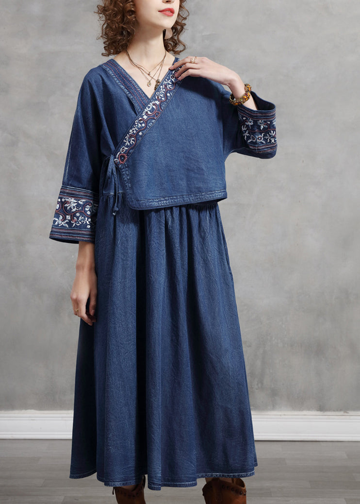 French Blue Cinched V Neck Embroideried pocket Cotton Dresses Long Sleeve