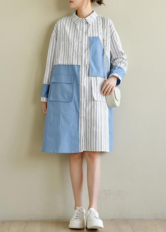 French Blue Cotton Dress Striped Patchwork Dress - Omychic