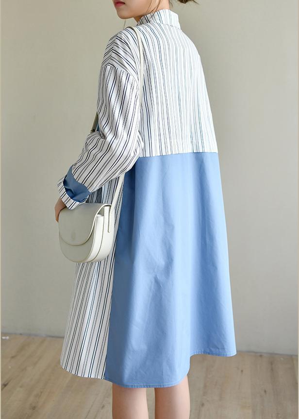 French Blue Cotton Dress Striped Patchwork Dress - Omychic