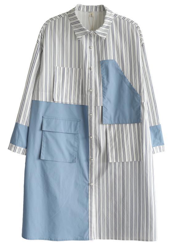 French Blue Cotton Dress Striped Patchwork Dress - Omychic