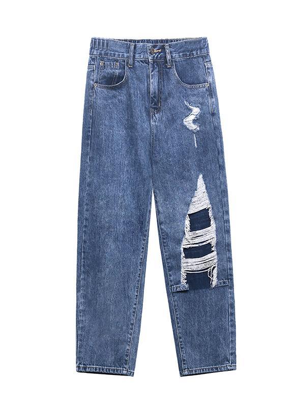 French Blue Cotton Hole Patchwork Casual Jeans Pants - Omychic