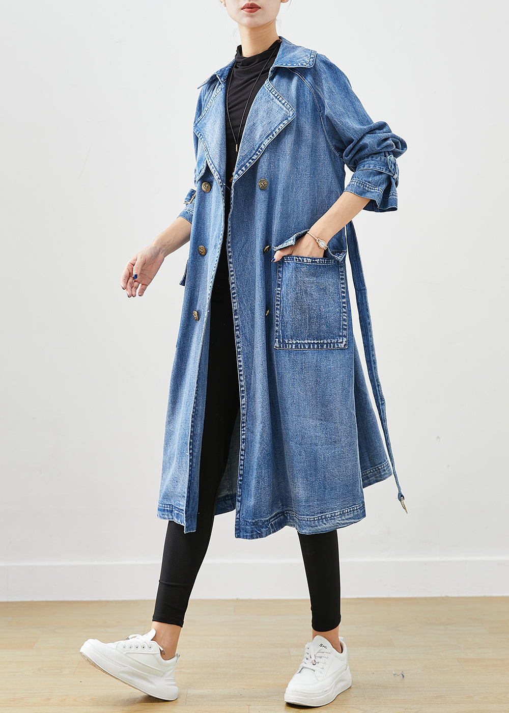 French Blue Double Breast Tie Waist Denim Trench Fall