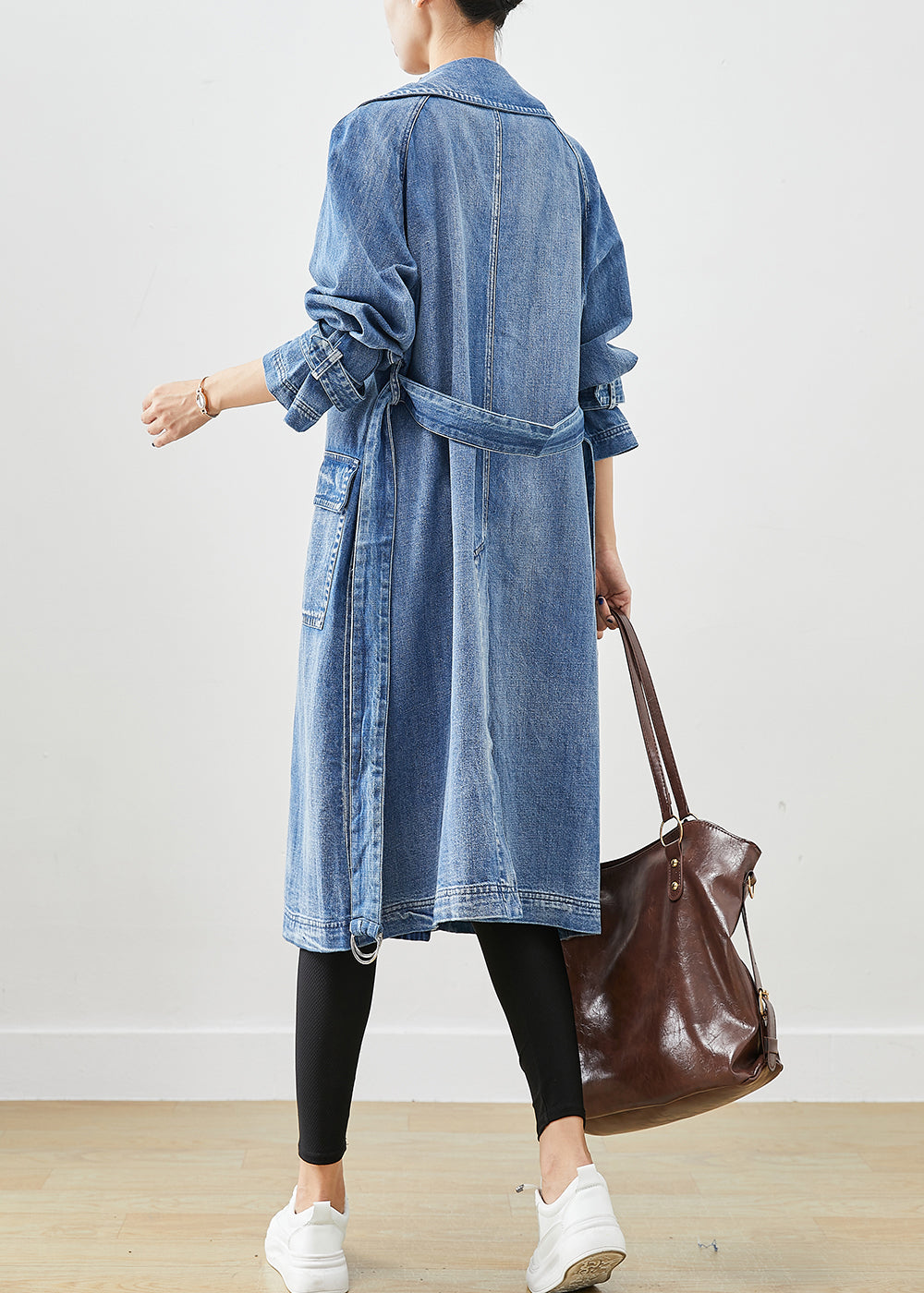 French Blue Double Breast Tie Waist Denim Trench Fall